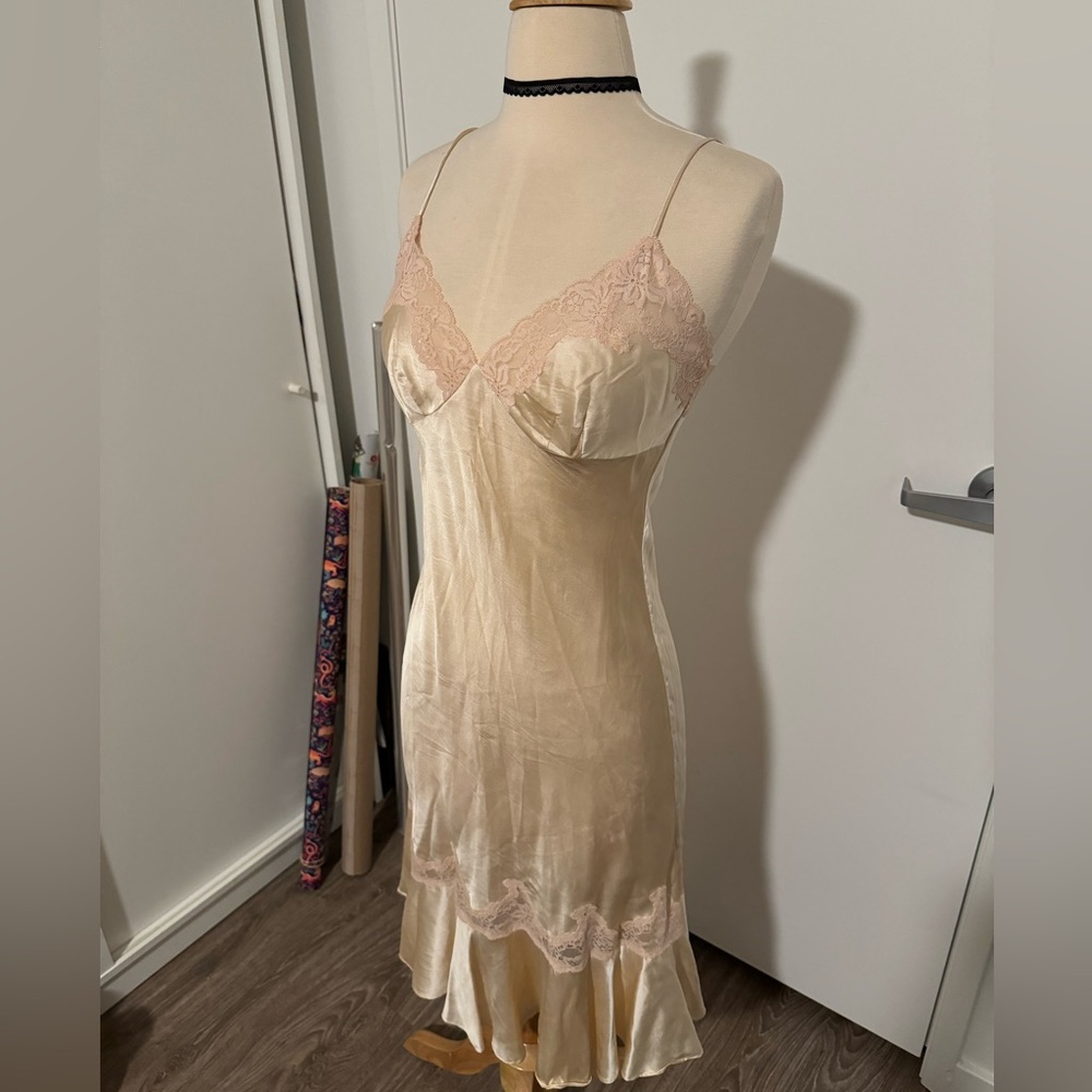 Elegant Beige Lace Trim Slip Dress